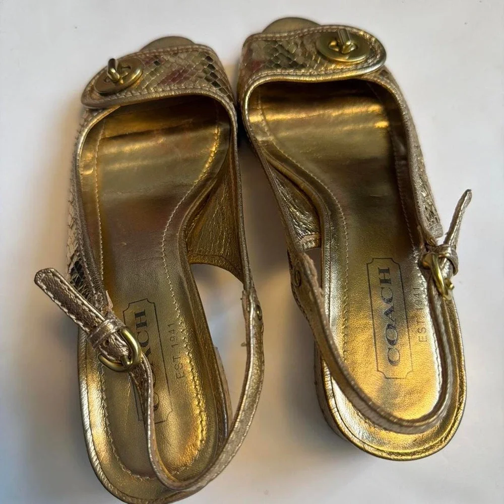 Coach Jacque Gold Snakeskin Python Slingback Block Heels A2560 Made in Italy